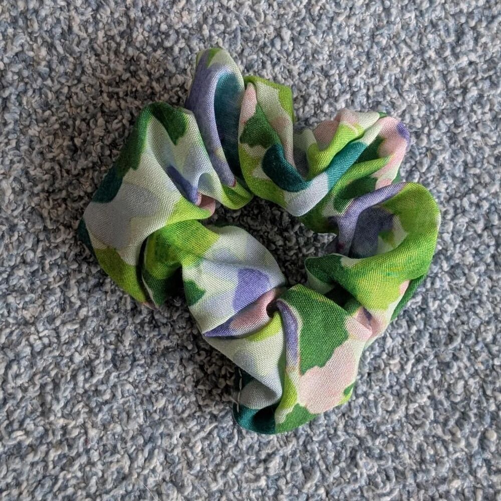 Vibrant Watercolor Multicolor Purple Green White Abstract Scrunchie Hair Tie